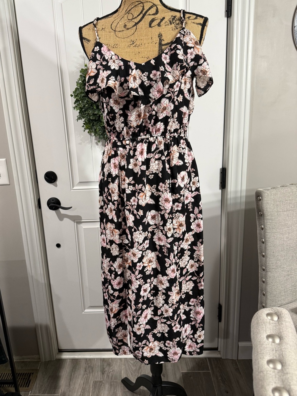 Gypsies & Moondust Black Midi Dress with Pink Floral Print